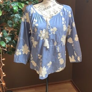 Embroidered floral design pale blue blouse